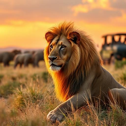 A majestic lion roaming freely in the African savanna during a safari.