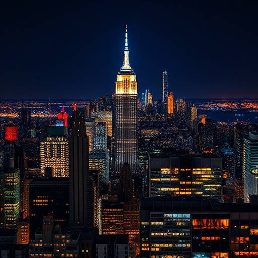The iconic skyline of New York City at night, illuminated with vibrant lights.